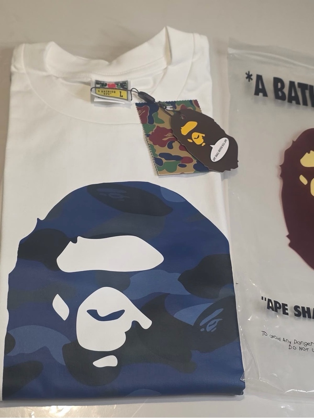 Bape White Short-Sleeve Tee with Blue Camo Ape Head
